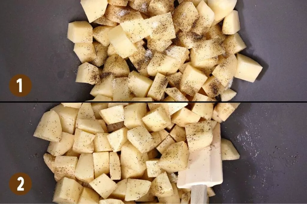 toss potatoes in olive oil, salt, and pepper