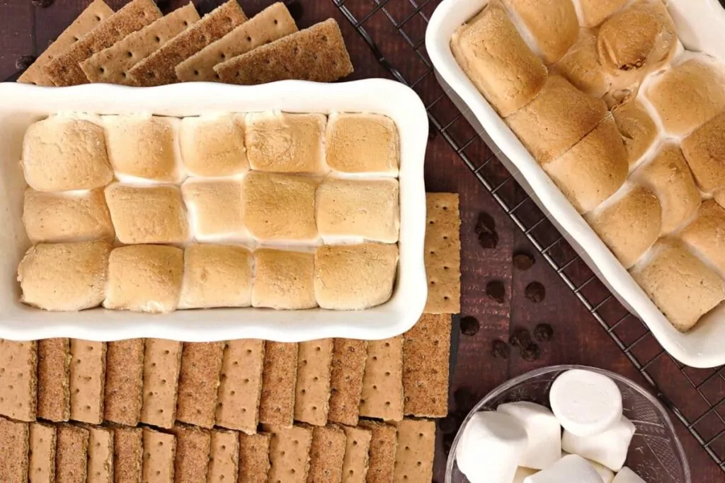 overhead view of air fryer smores dip surrounded by graham crackers