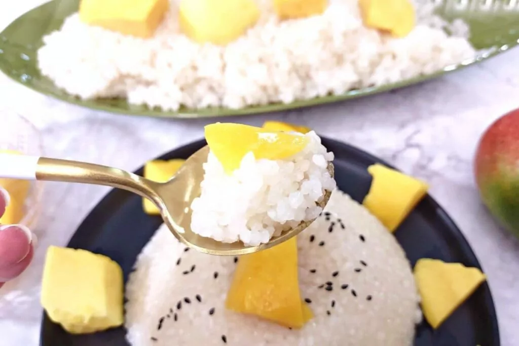 spoonful of sticky rice with a slice of mango on top