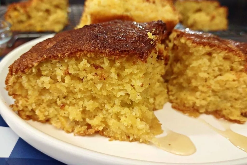 closeup of a piece of air fryer cornbread