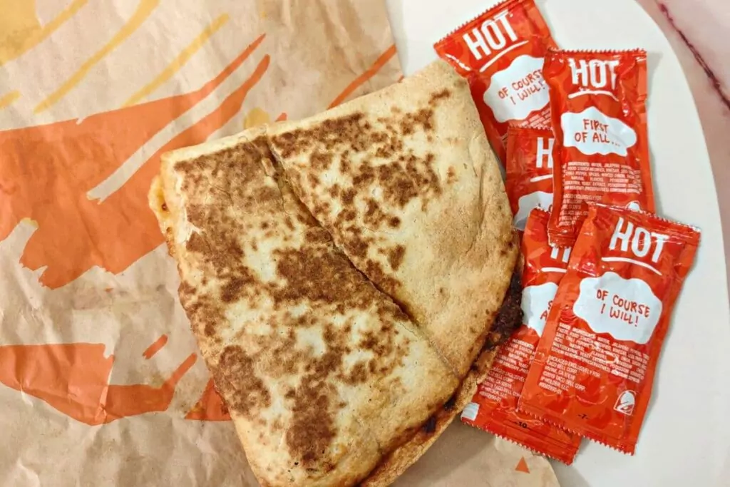 overhead view of taco bell quesadilla reheated in the air fryer