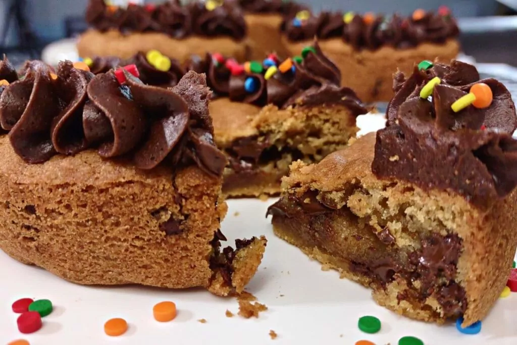 closeup of a slice of air fryer chocolate chip cookie cake