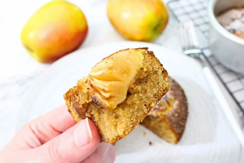 holding up a slice of warm air fryer apple cake