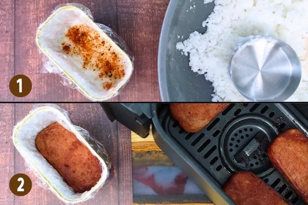 layer the rice with seasoning and spam inside container