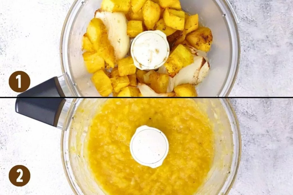 place roasted pumpkin cubes in a food processor