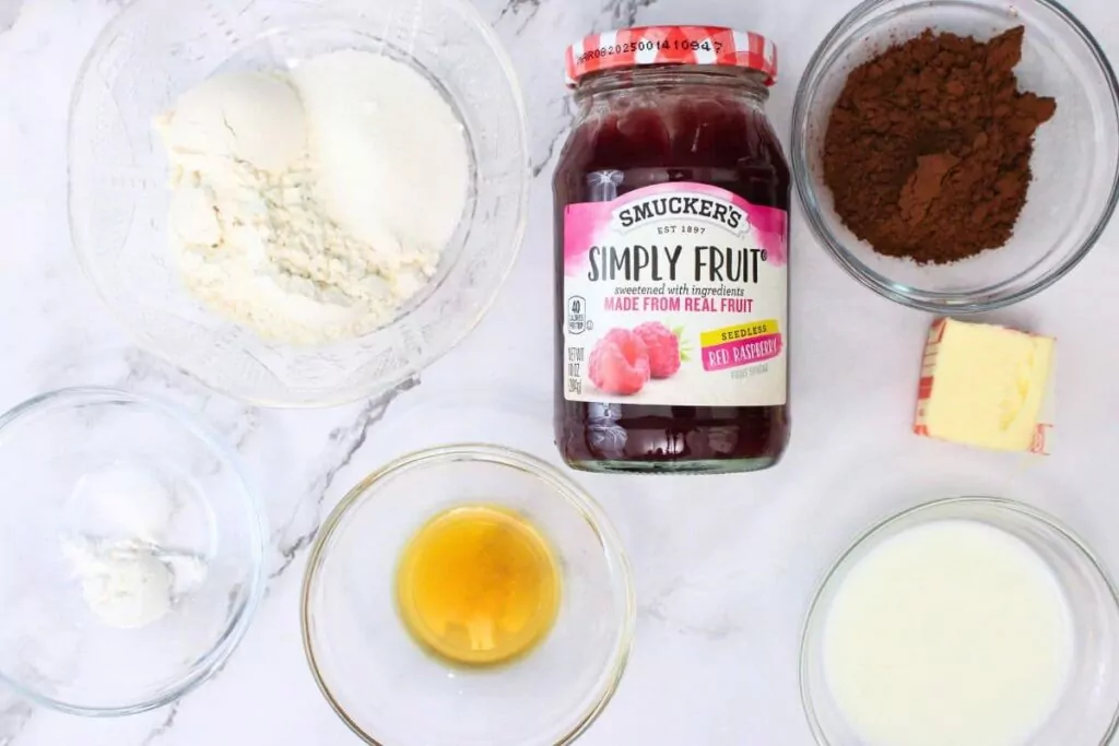 ingredients to make chocolate raspberry mug cake