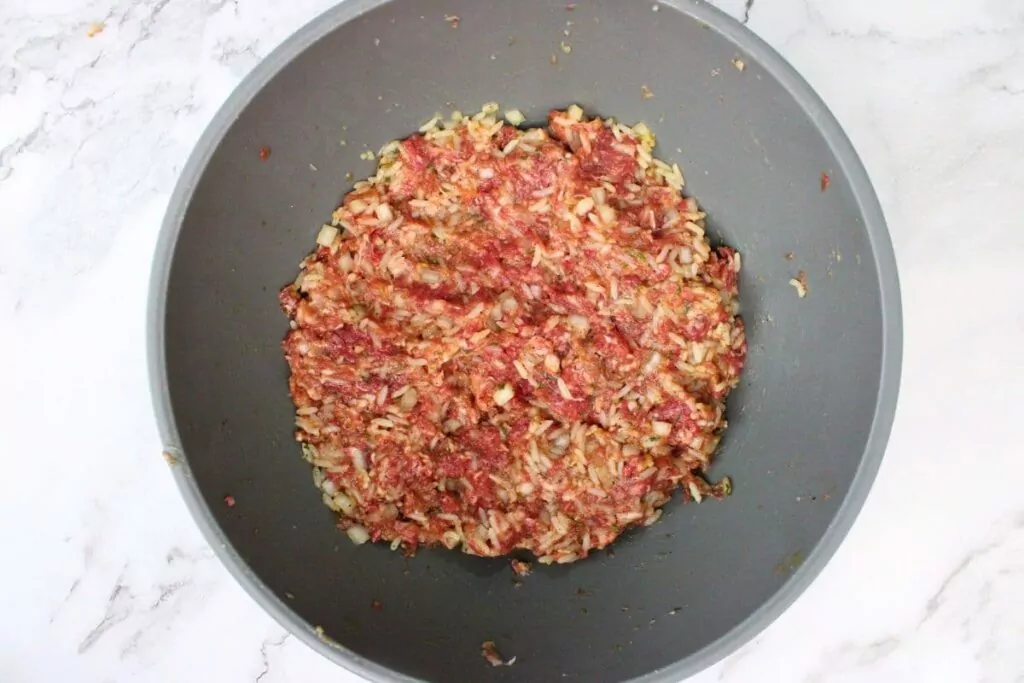 mix ground beef, sausage, rice, onion, garlic, egg, and seasonings in a bowl