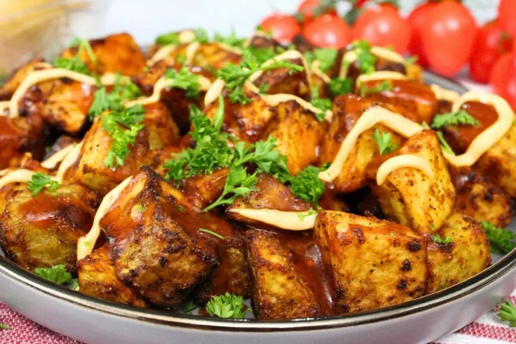 closeup view of patatas bravas on a plate drizzled in spicy mayo