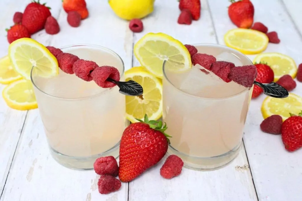 two lowball glasses filled with gin and pink lemonade cocktails surrounded by fresh fruit