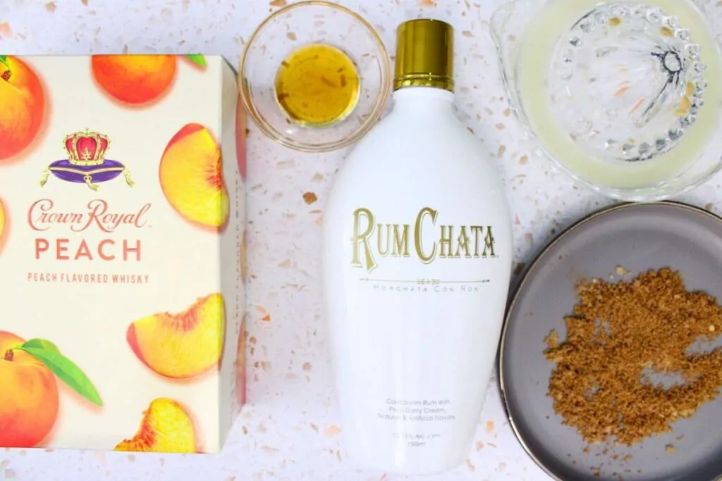 ingredients to make peach cobbler cocktail with crown royal