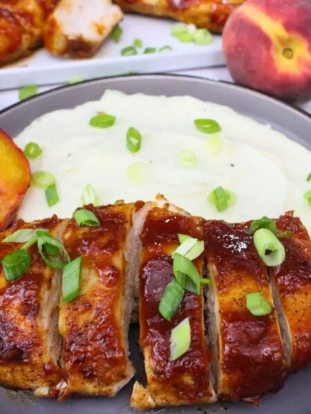 air fryer peach whiskey bbq chicken recipe dinners done quick featured image