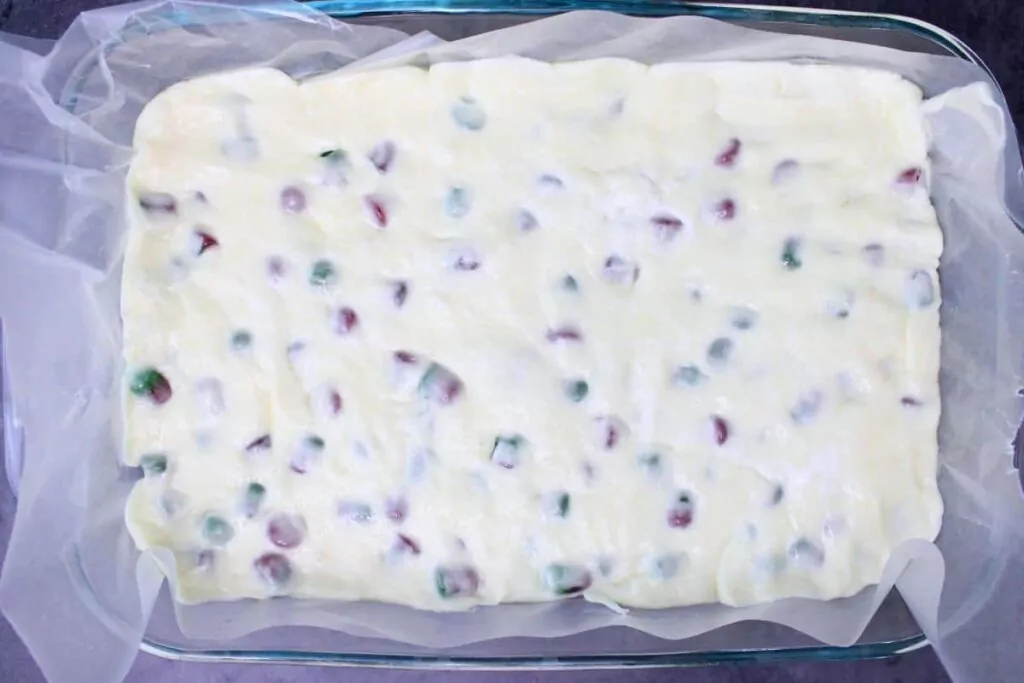 pour marshmallow nougat mixture into prepared pan