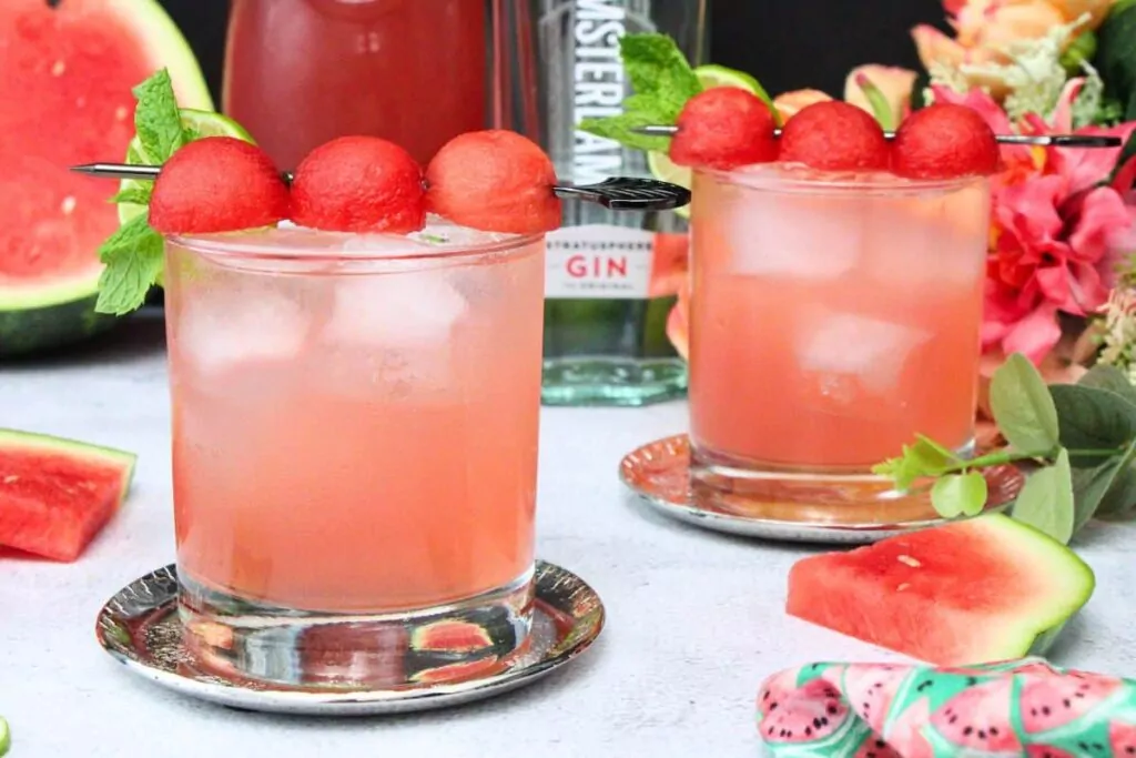 two watermelon gin fizz cocktails with a skewer of melon balls on top and fresh summer garnishes