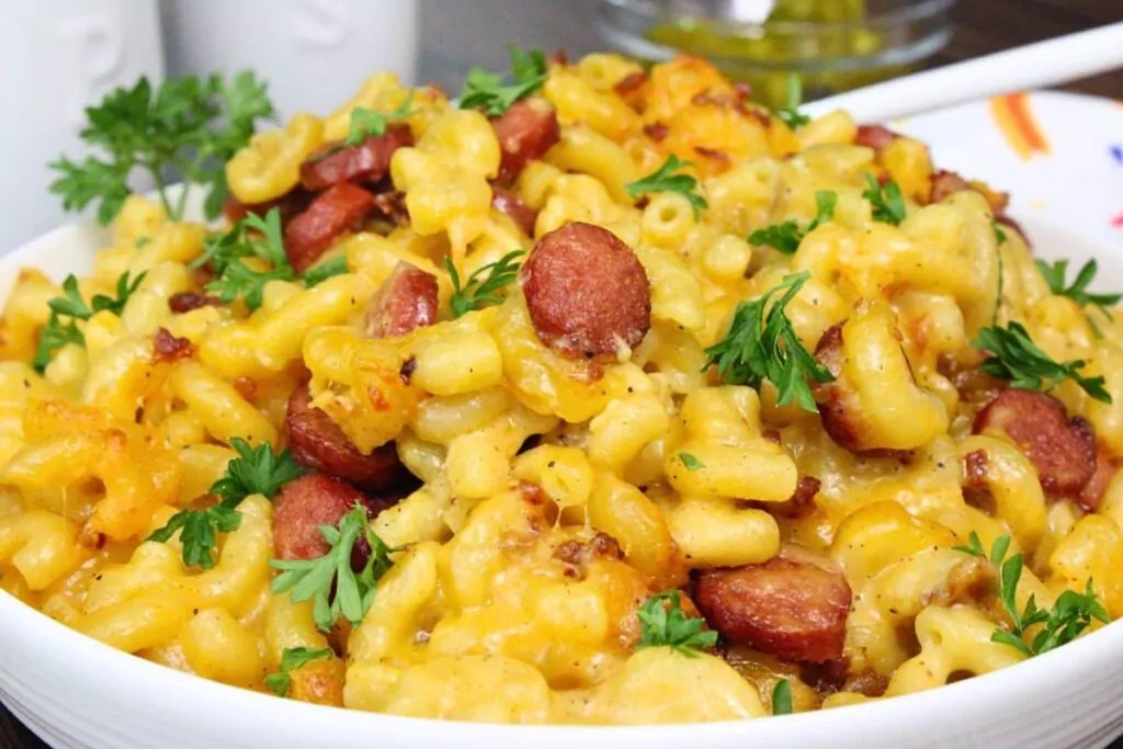 closeup view of hot dog mac and cheese mounded on a plate garnished with parsley