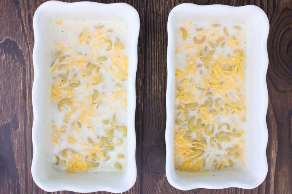 combine macaroni, milk, water, cheese, and seasonings in casserole dish