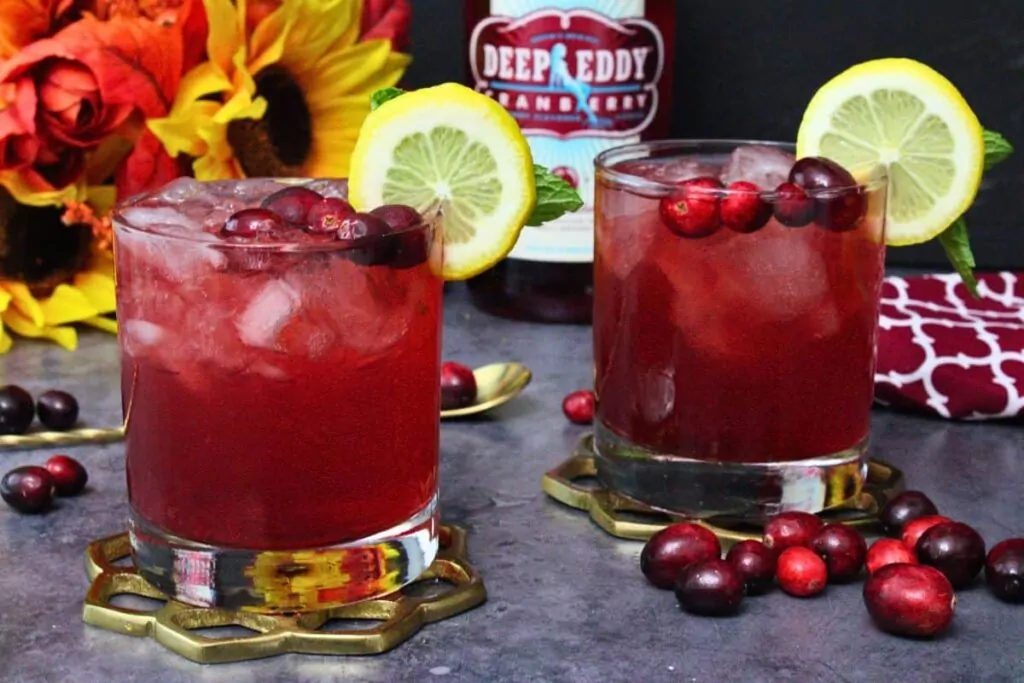 two cranberry vodka lemonade cocktails with lemon slices on gold coasters