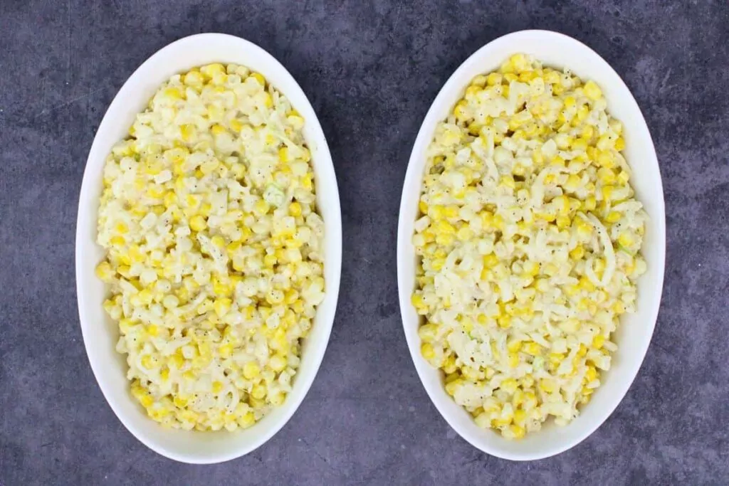spread korean corn cheese mixture in baking dishes